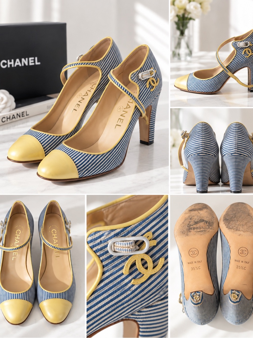 Chanel Vintage Striped Mary Jane Pumps 35.5C Yellow Leather